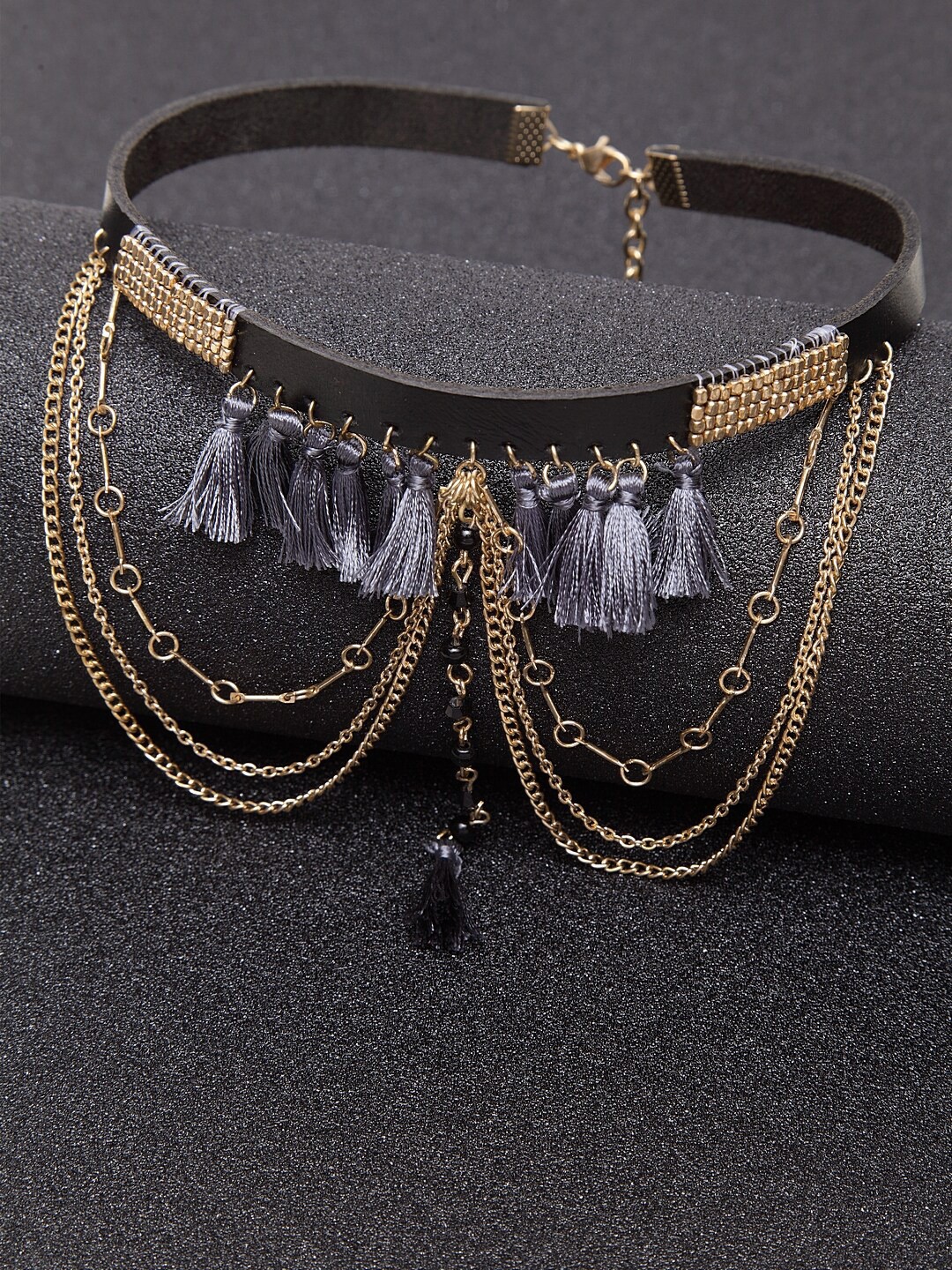 

Madame Multistrand Metal Tassel Choker Necklace, Grey