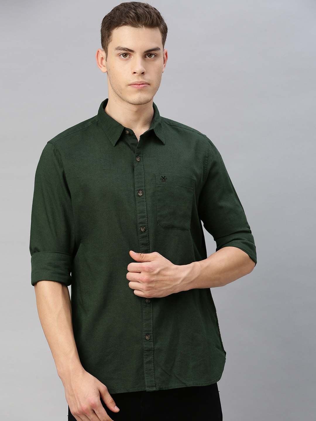 

WROGN Men Olive Green Slim Fit Solid Casual Cotton-Linen Shirt