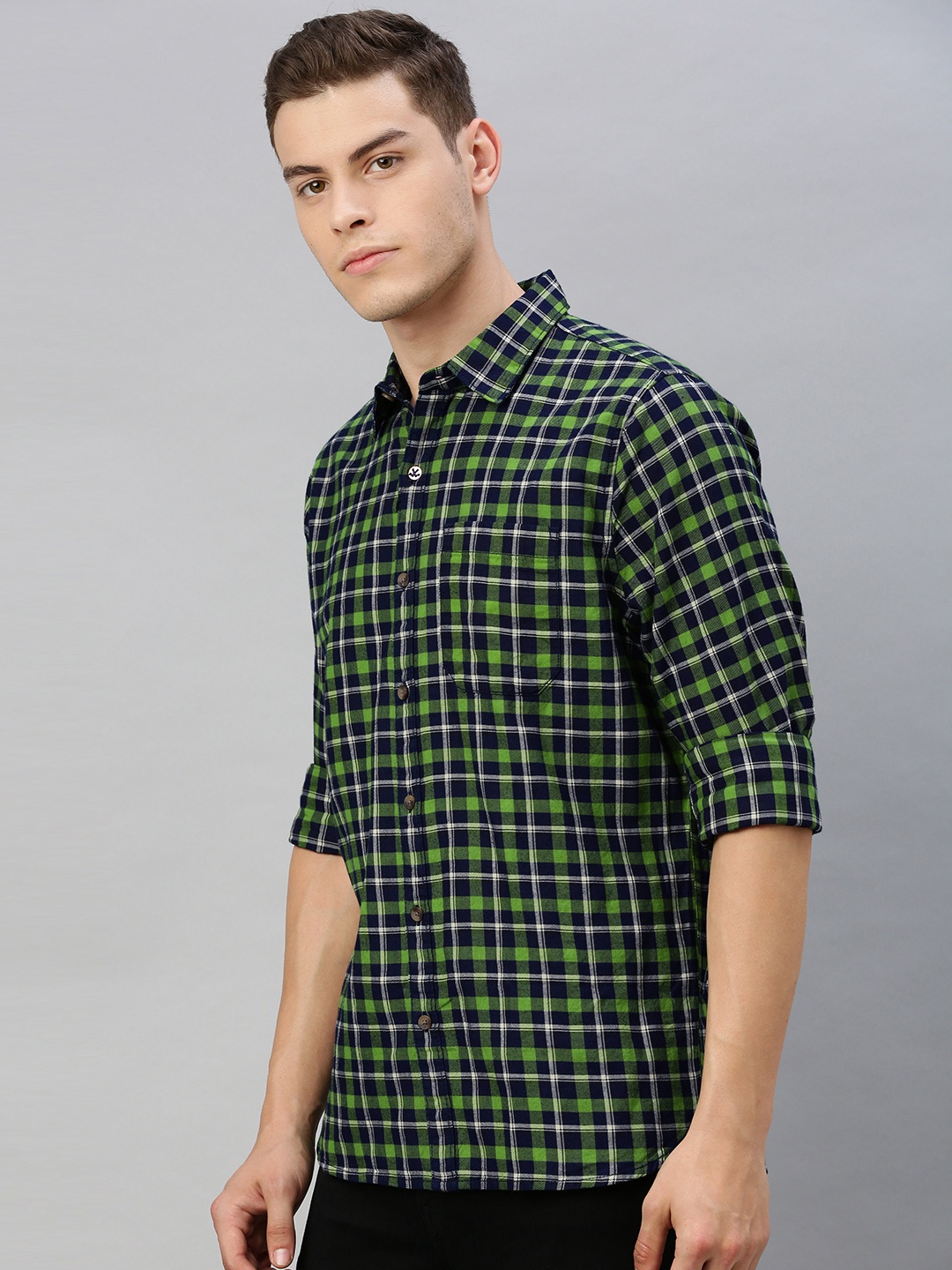 

WROGN Men Green & Navy Blue Slim Fit Checked Casual Shirt