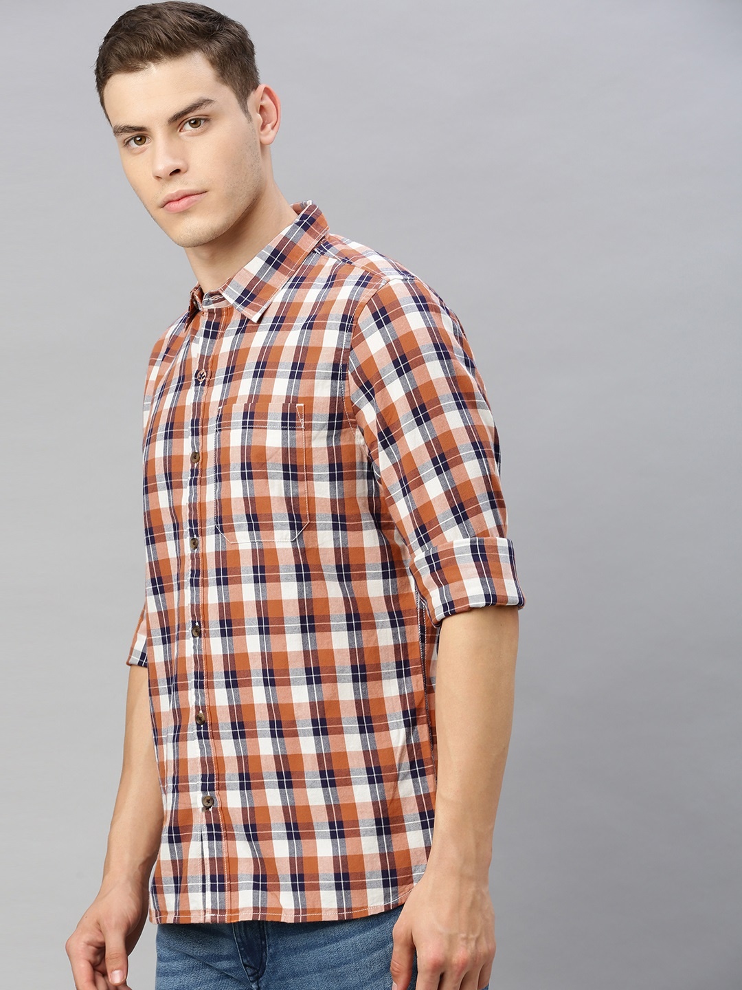 

WROGN Men Orange & White Slim Fit Checked Casual Shirt