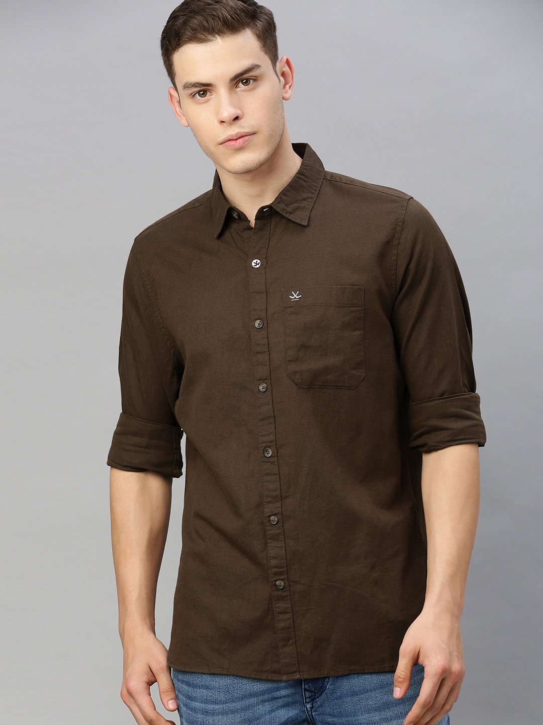 

WROGN Men Coffee Brown Slim Fit Solid Casual Cotton-Linen Shirt