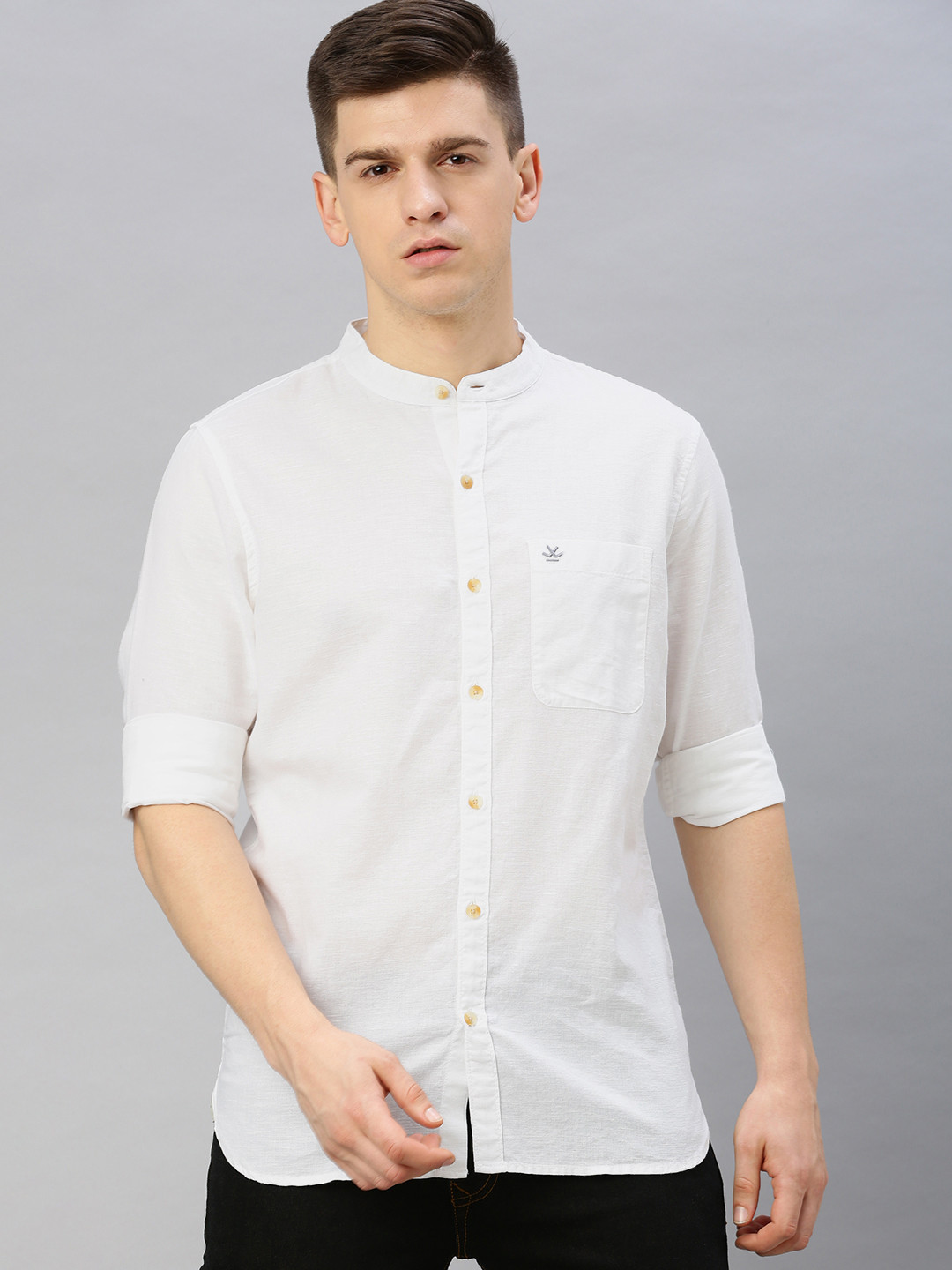 

WROGN Men White Slim Fit Solid Casual Linen Shirt
