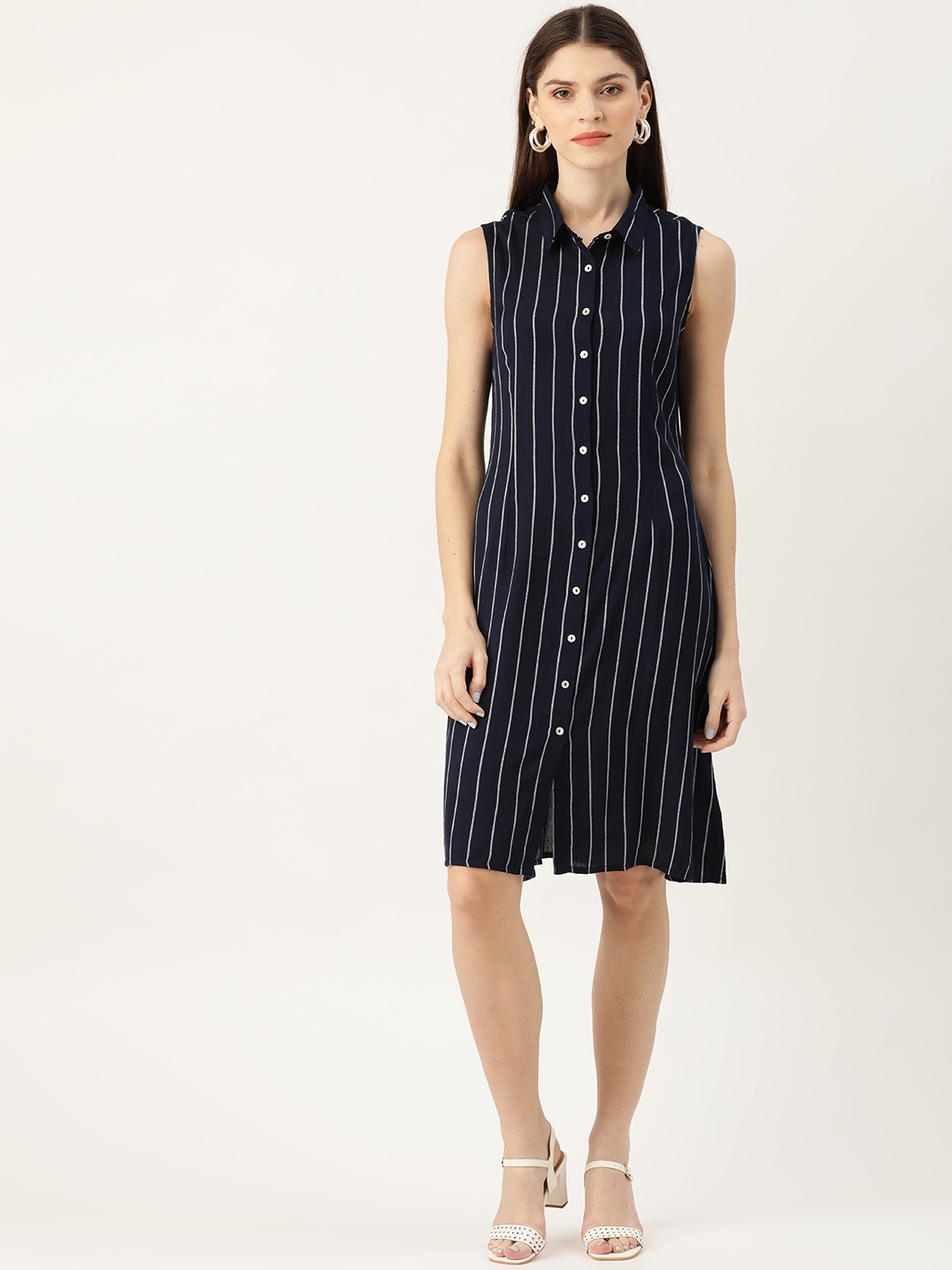 

her by invictus Women Navy Blue Striped Shirt Dress