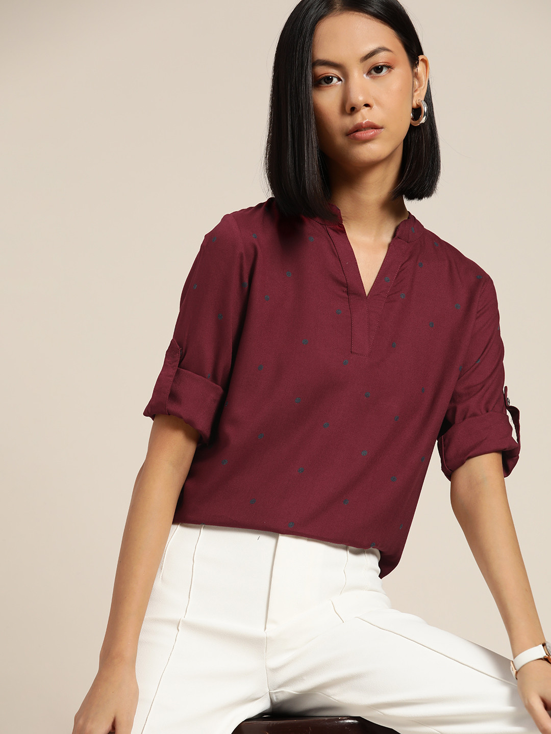 

her by invictus Burgundy & Grey Print Mandarin Collar Roll-Up Sleeves Top
