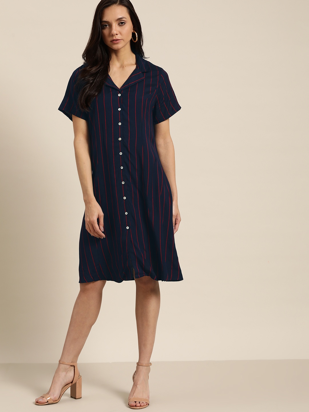 

her by invictus Women Navy & Red Striped Shirt Dress, Navy blue