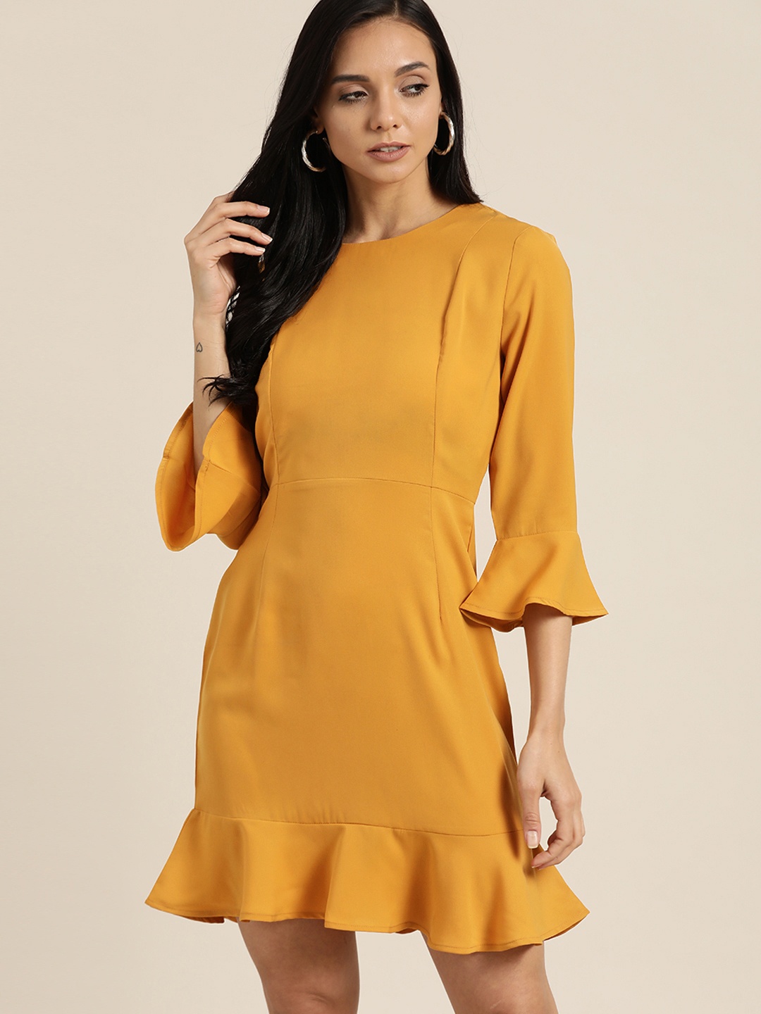 

her by invictus Women Mustard Yellow Solid A-Line Dress