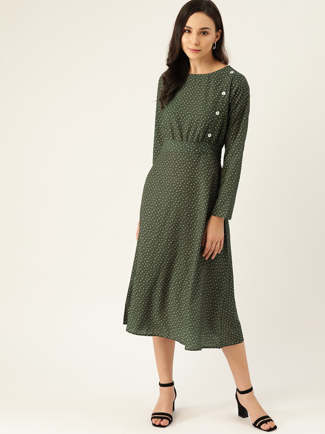 

her by invictus Women Olive Green & Off-White Printed A-Line Dress
