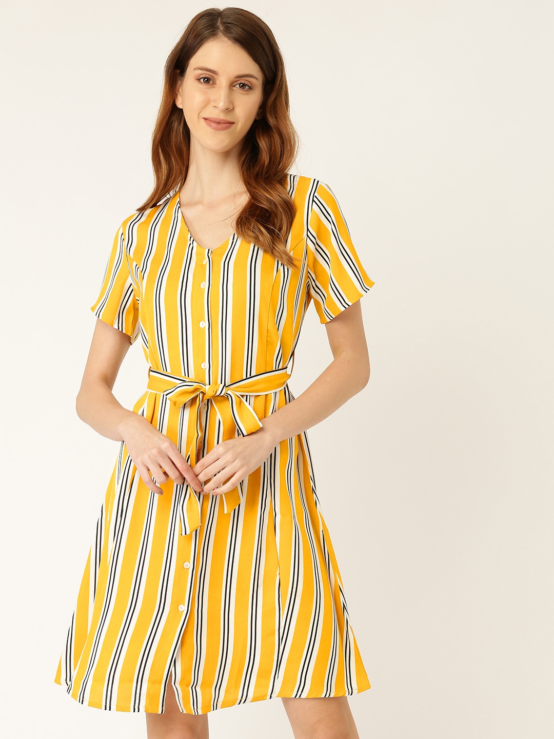 

her by invictus Women Yellow & White Striped A-Line Dress