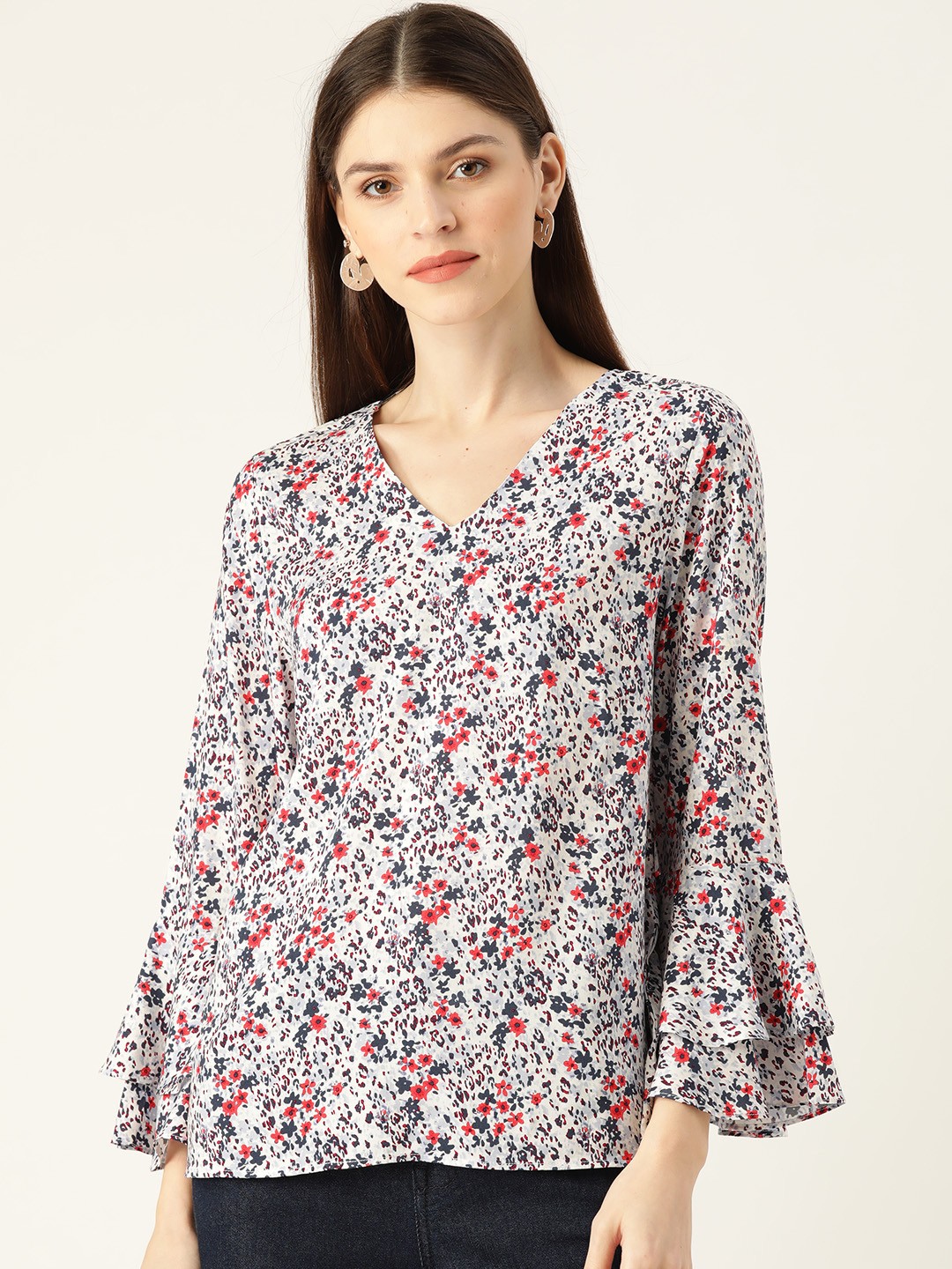 

her by invictus Women Off-White & Charcoal Grey Floral Printed Bell Sleeves Top