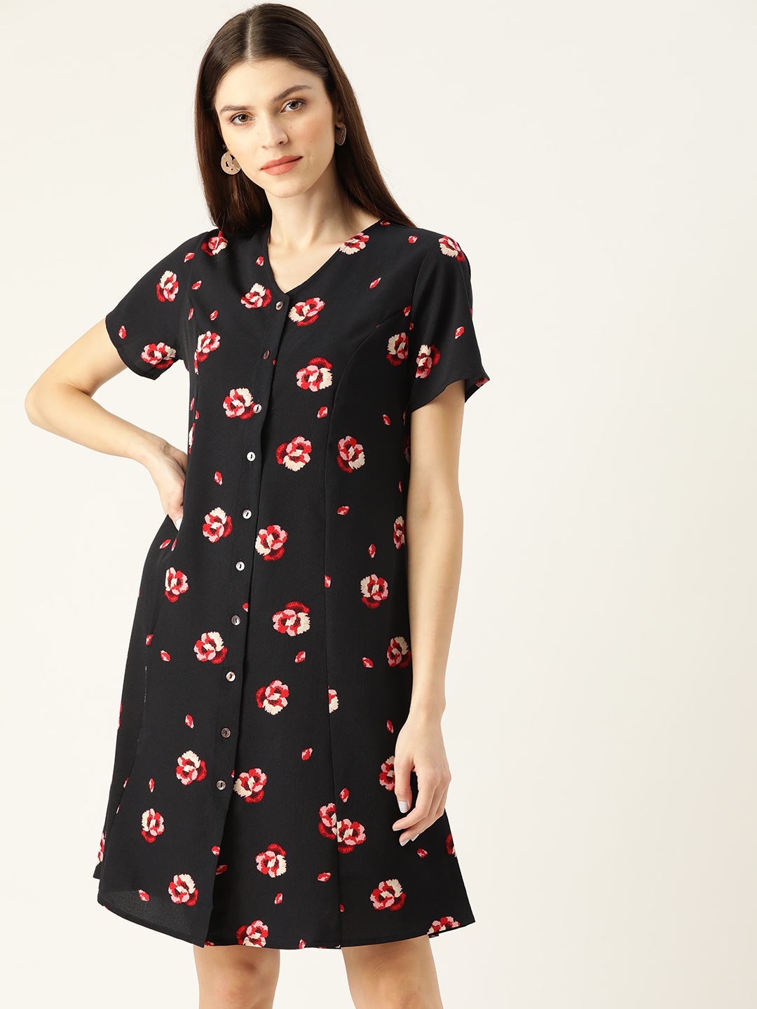 

her by invictus Women Black & Red Floral Print A-Line Dress