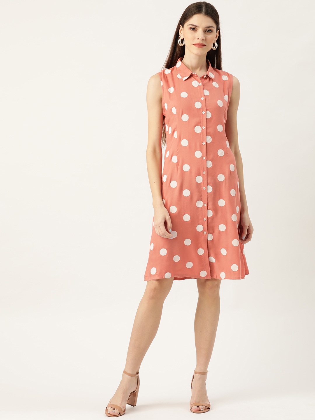 

her by invictus Women Coral Pink & Off-White Polka Dots Print Shirt Dress