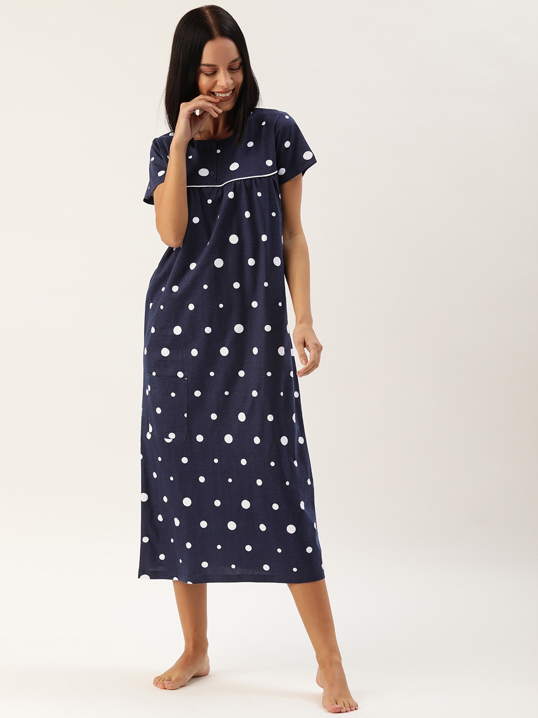 

Slumber Jill Navy Blue & White Printed Nightdress