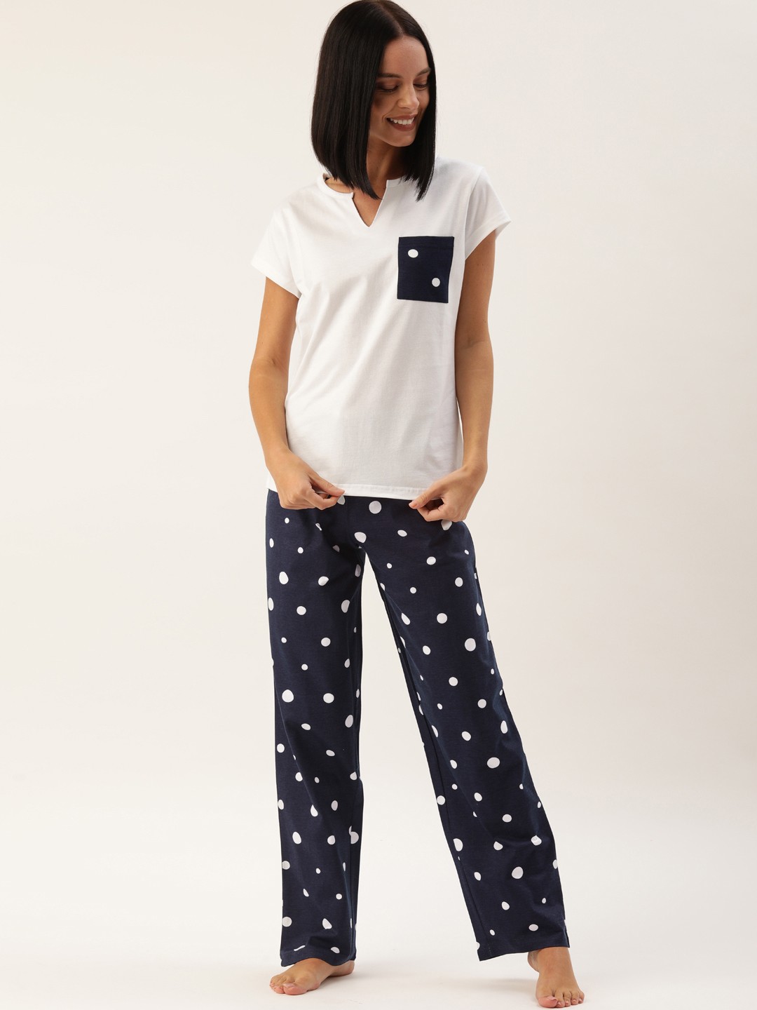 

Slumber Jill Women 2 Pc Navy Blue & White Polka Dots Printed Night Suit Set