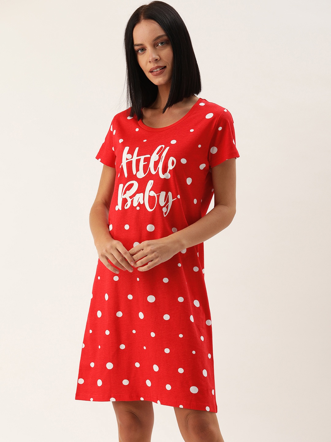 

Slumber Jill Women Red & White Comfort Fit Polka Dots Printed Sleep Shirt