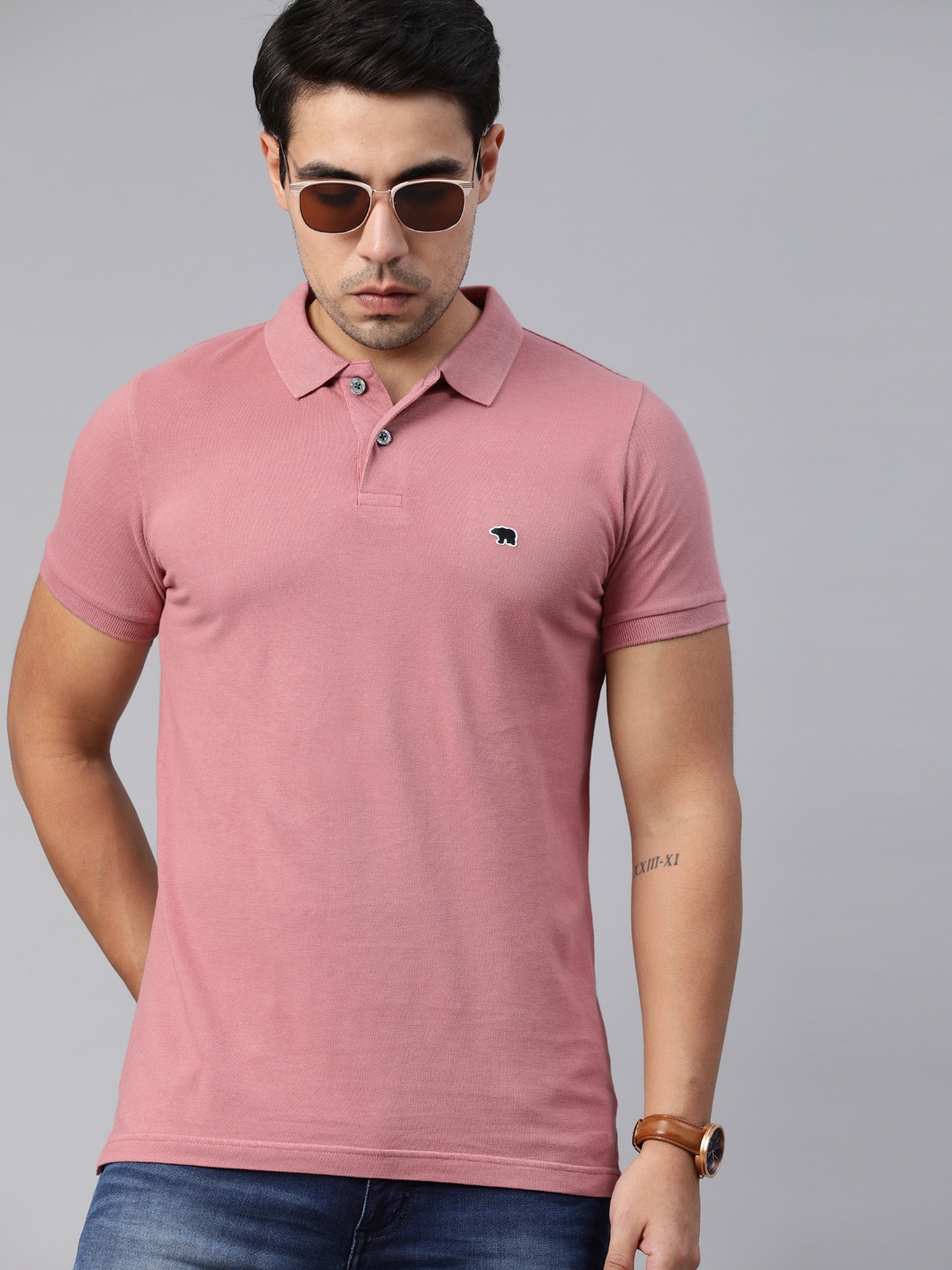 

THE BEAR HOUSE Men Pink Solid Polo Collar Pure Cotton T-shirt