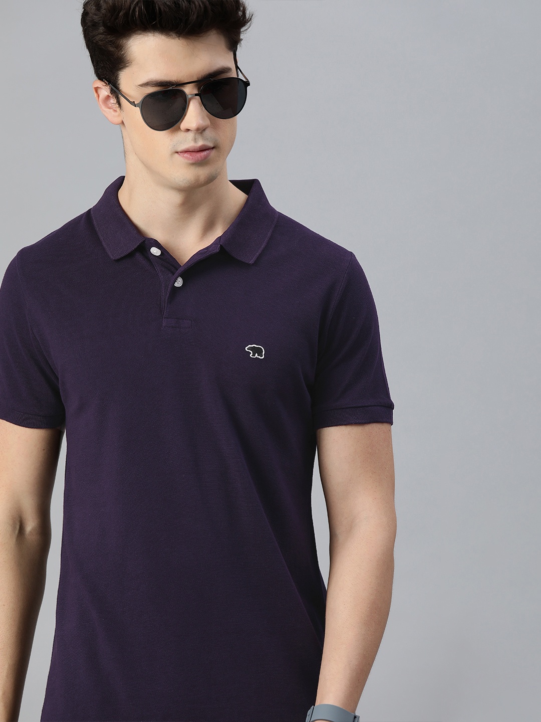 

THE BEAR HOUSE Men Purple Solid Polo Collar Pure Cotton T-shirt