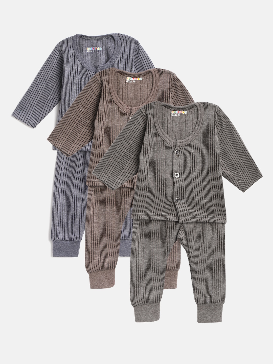 

KUCHIPOO Kids Pack of 3 Self Striped Thermal Sets, Grey