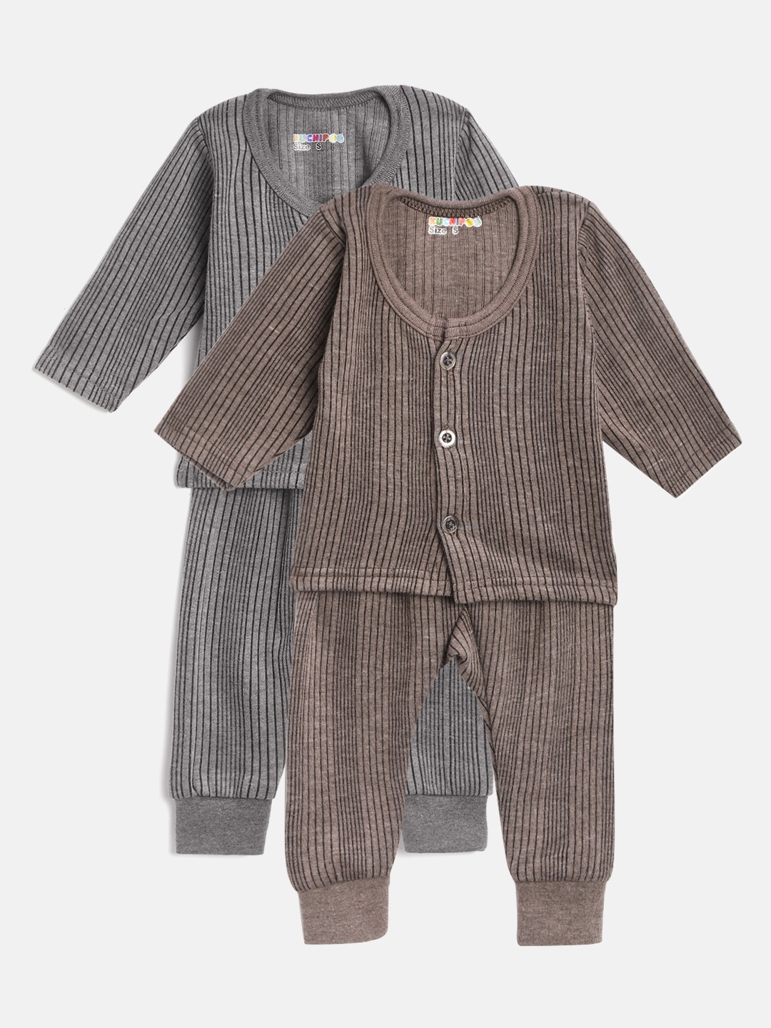 

KUCHIPOO Kids Pack of 2 Self Striped Thermal Sets, Charcoal