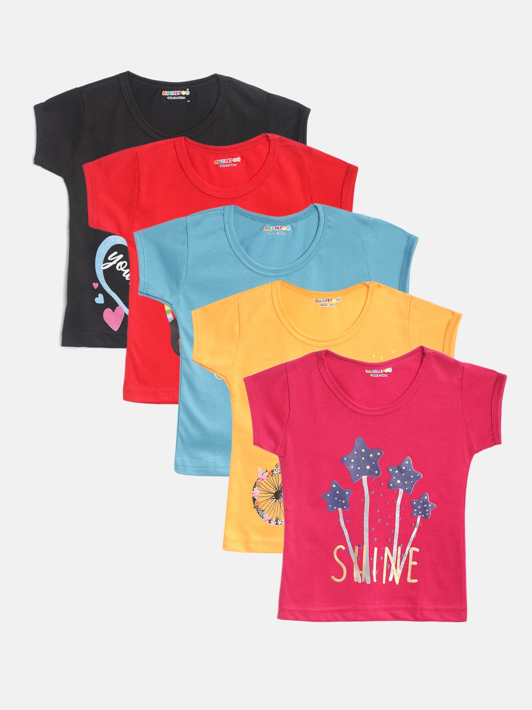 

KUCHIPOO Girls Pack of 5 Printed Round Neck T-shirts, Multi