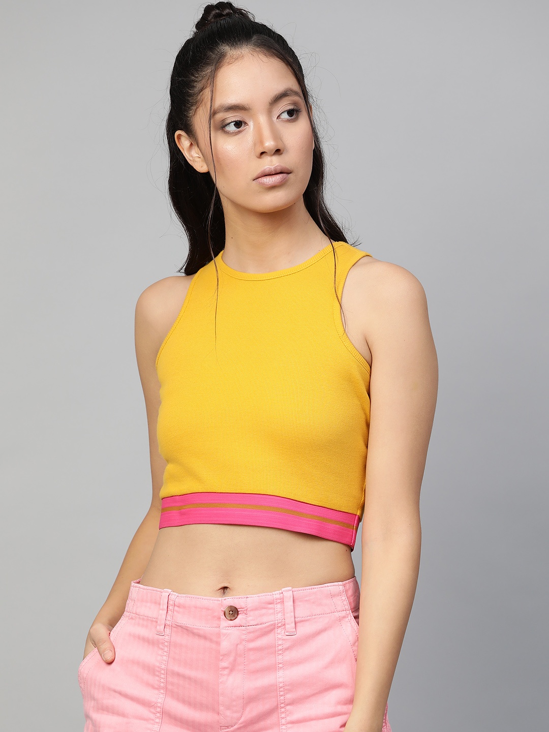 

SASSAFRAS Women Mustard Yellow Solid Cropped Fitted Top