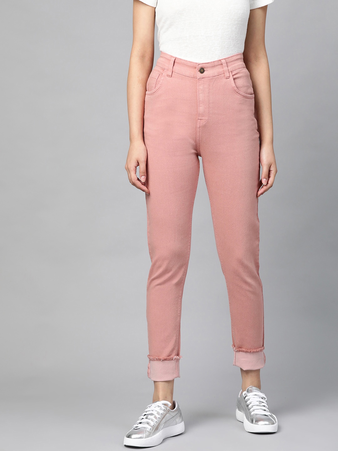 

SASSAFRAS Women Pink Slim Fit Mid-Rise Clean Look Stretchable Raw Edge Jeans
