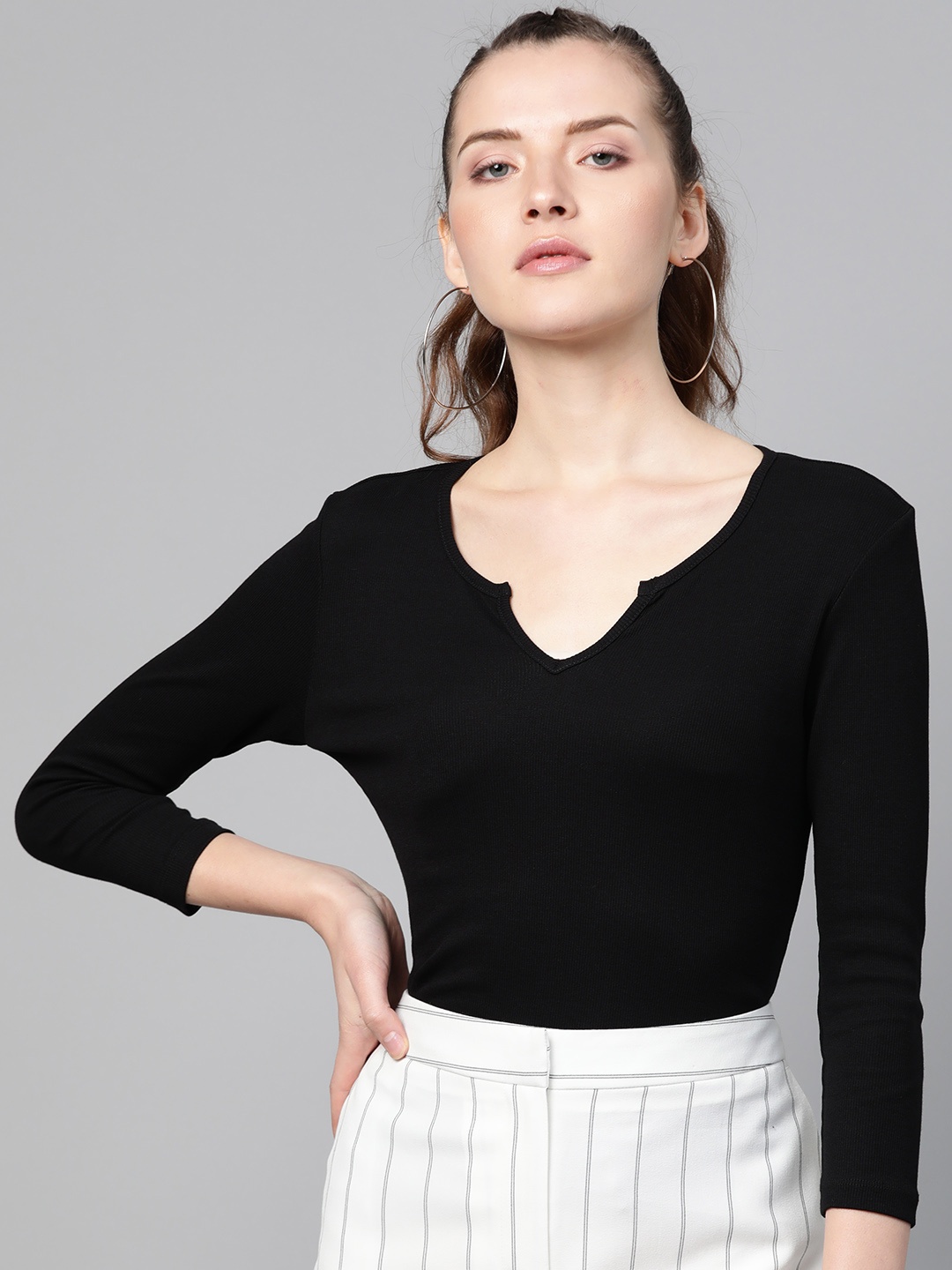 

SASSAFRAS Women Black Ribbed T-shirt