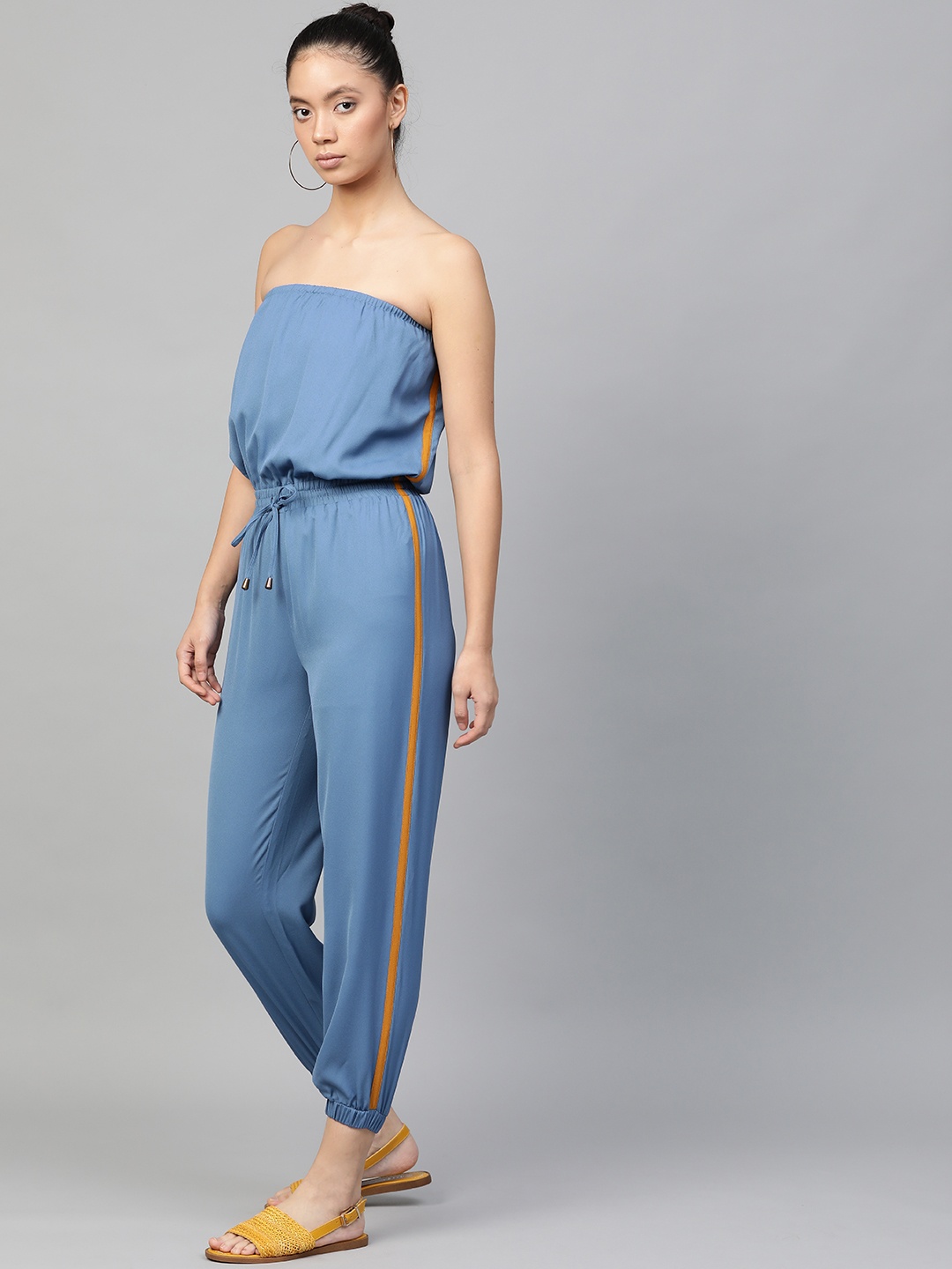 

SASSAFRAS Women Blue Solid Cropped Basic Tube Jumpsuit