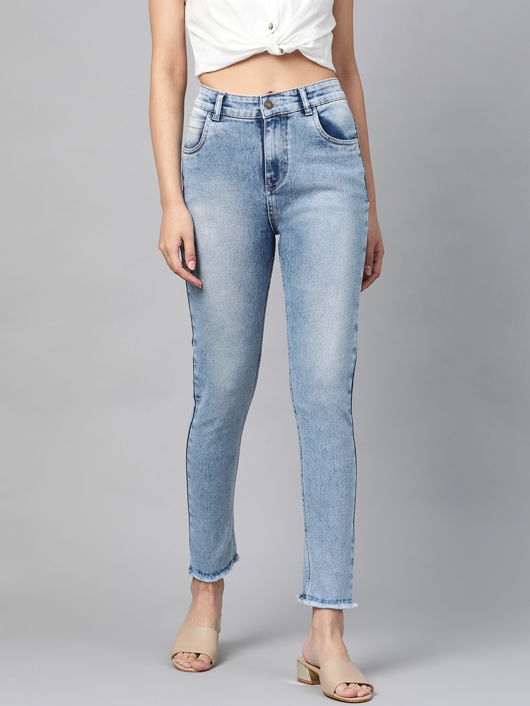 

SASSAFRAS Women Blue Slim Fit Mid-Rise Clean Look Stretchable Raw Edge Jeans