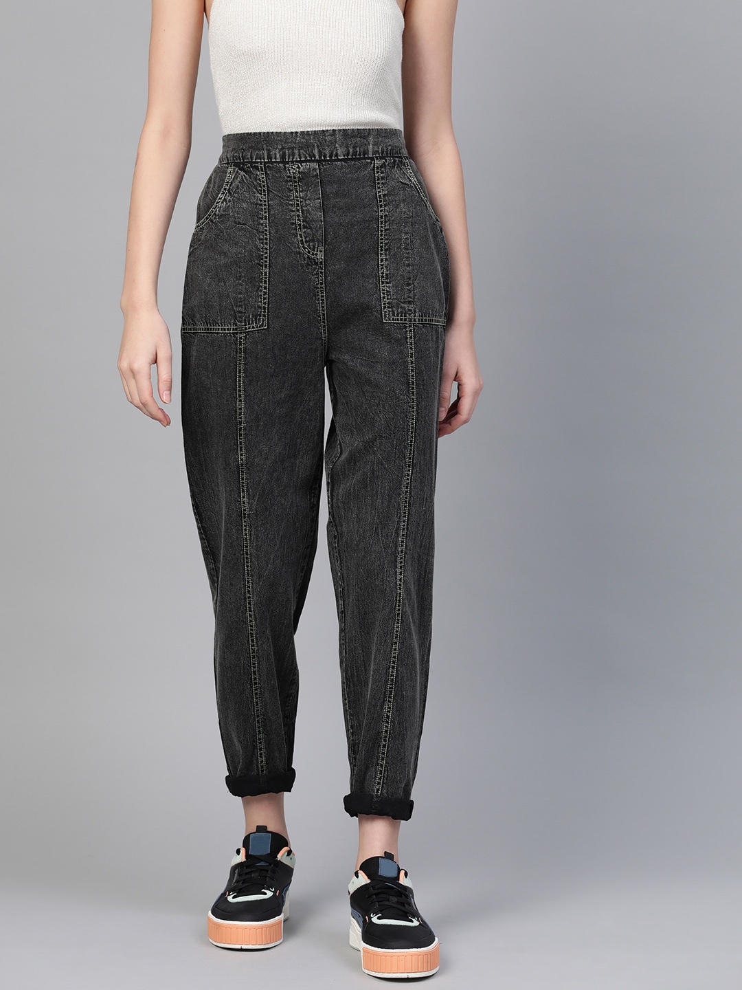 

SASSAFRAS Women Charcoal Grey Tapered Fit Solid High-Rise Regular Trousers