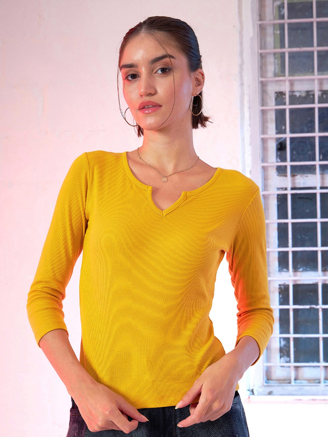 

SASSAFRAS Women Mustard Yellow Ribbed Round Neck T-shirt