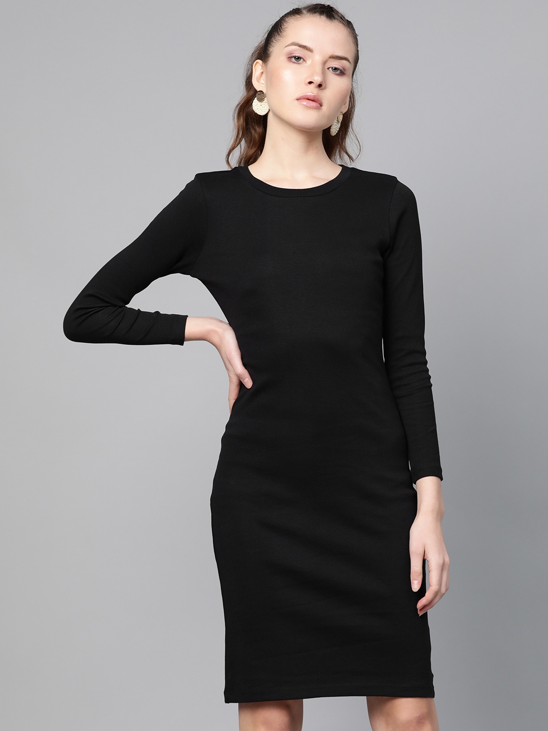 

SASSAFRAS Women Black Ribbed Sheath Dress