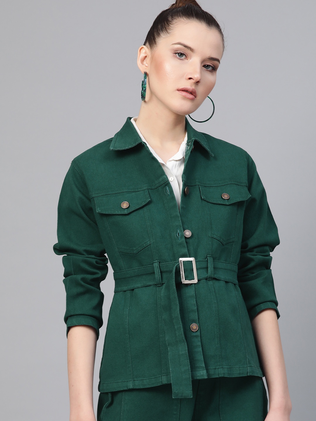 

SASSAFRAS Women Green Solid Denim Jacket with Belt