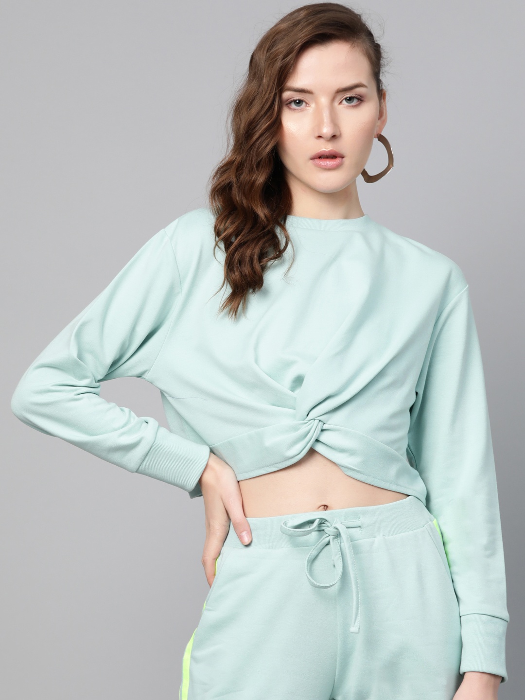 

SASSAFRAS Women Sea Green Solid Twisted Crop Sweatshirt