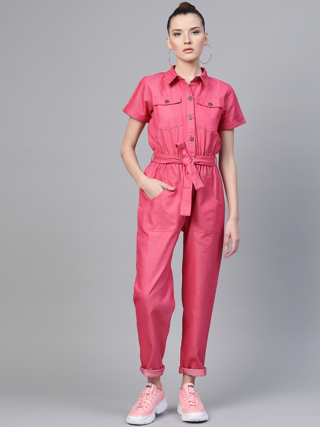 

SASSAFRAS Women Fuchsia Pink Solid Twill Tapered Basic Jumpsuit