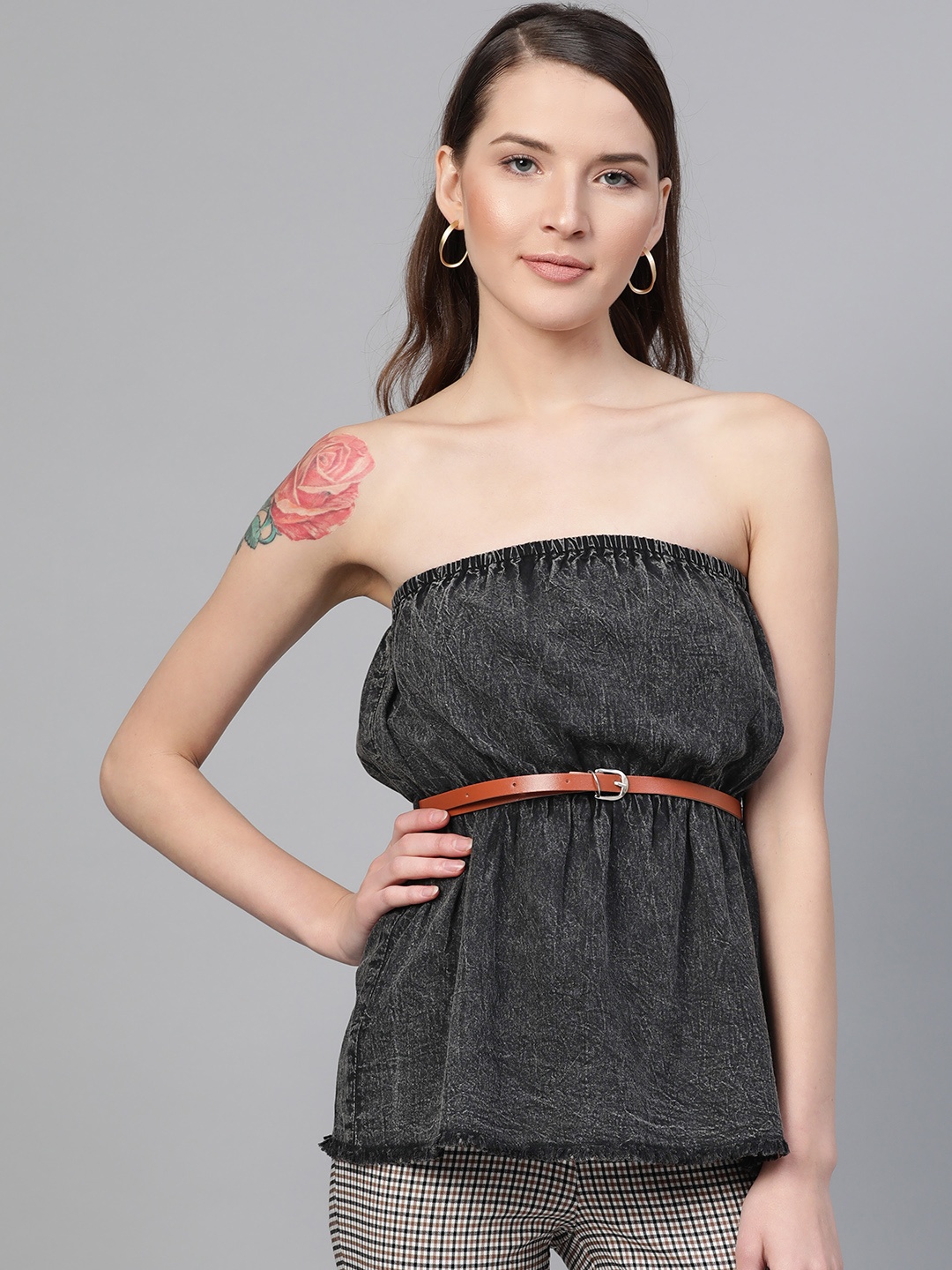 

SASSAFRAS Women Charcoal Grey Washed Strapless Pure Cotton Top