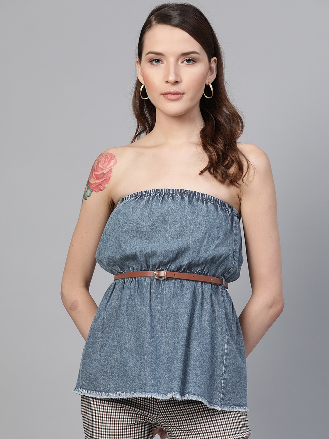 

SASSAFRAS Women Blue Washed Tube Pure Cotton Top