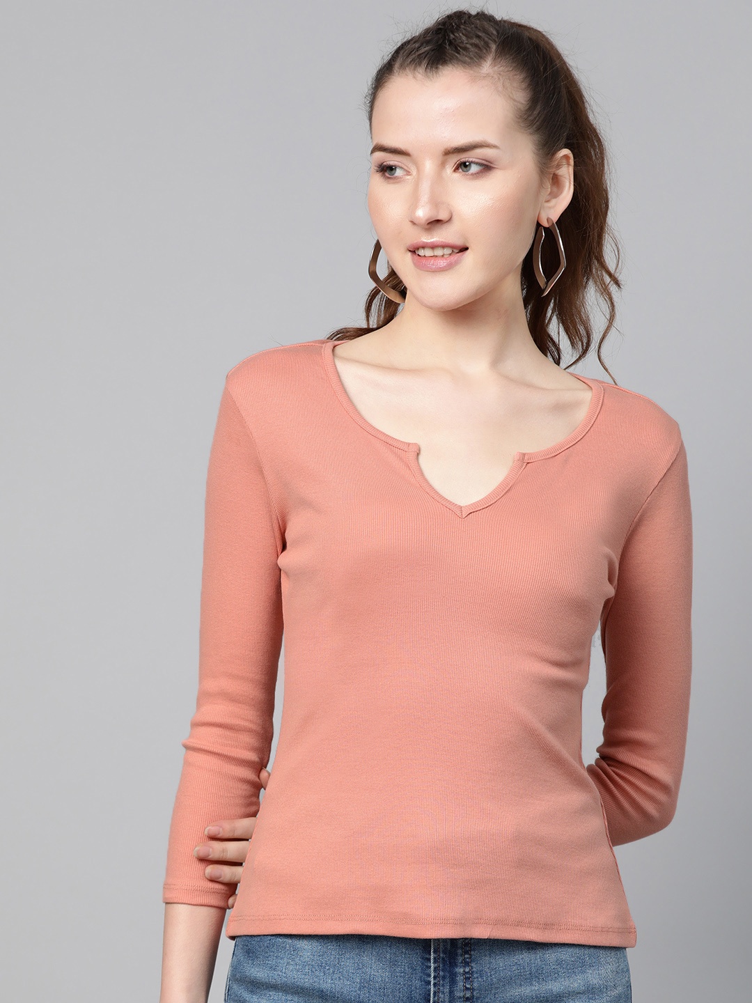 

SASSAFRAS Women Rose Ribbed Round Neck T-shirt