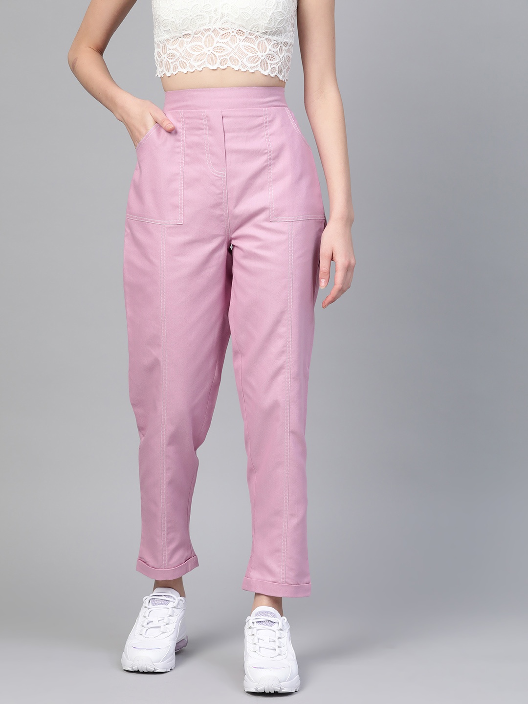 

SASSAFRAS Women Lavender Twill Weave Tapered Fit High-Rise Pure Cotton Trousers