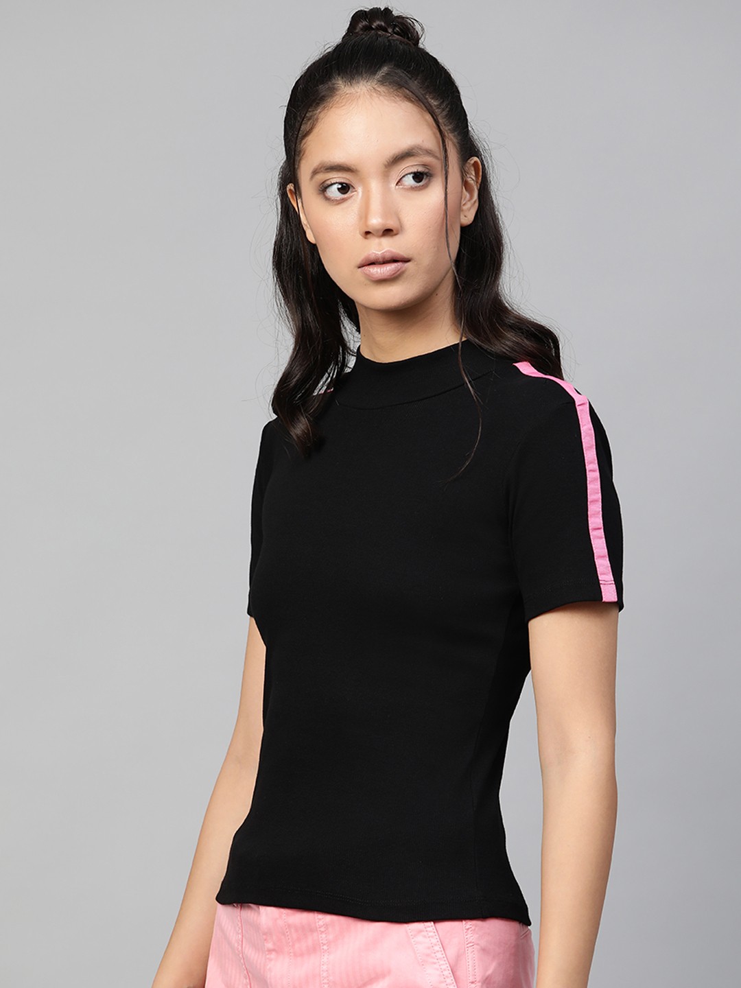 

SASSAFRAS Women Black Solid High Neck T-shirt