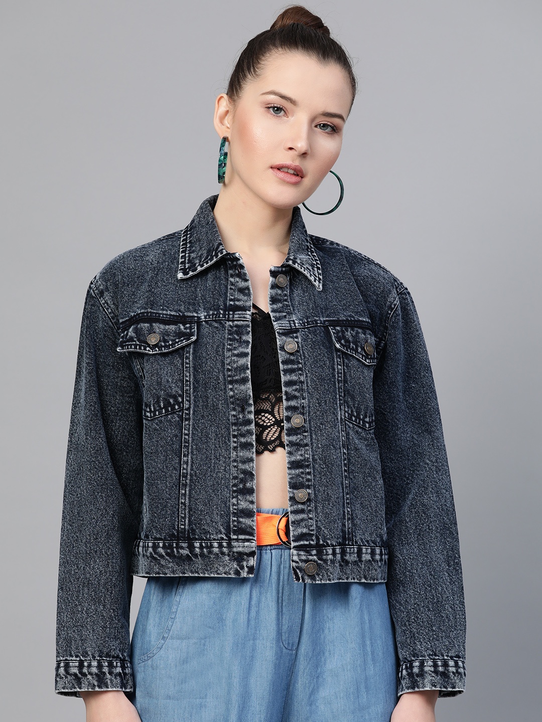 

SASSAFRAS Women Navy Blue Acid Wash Solid Denim Jacket