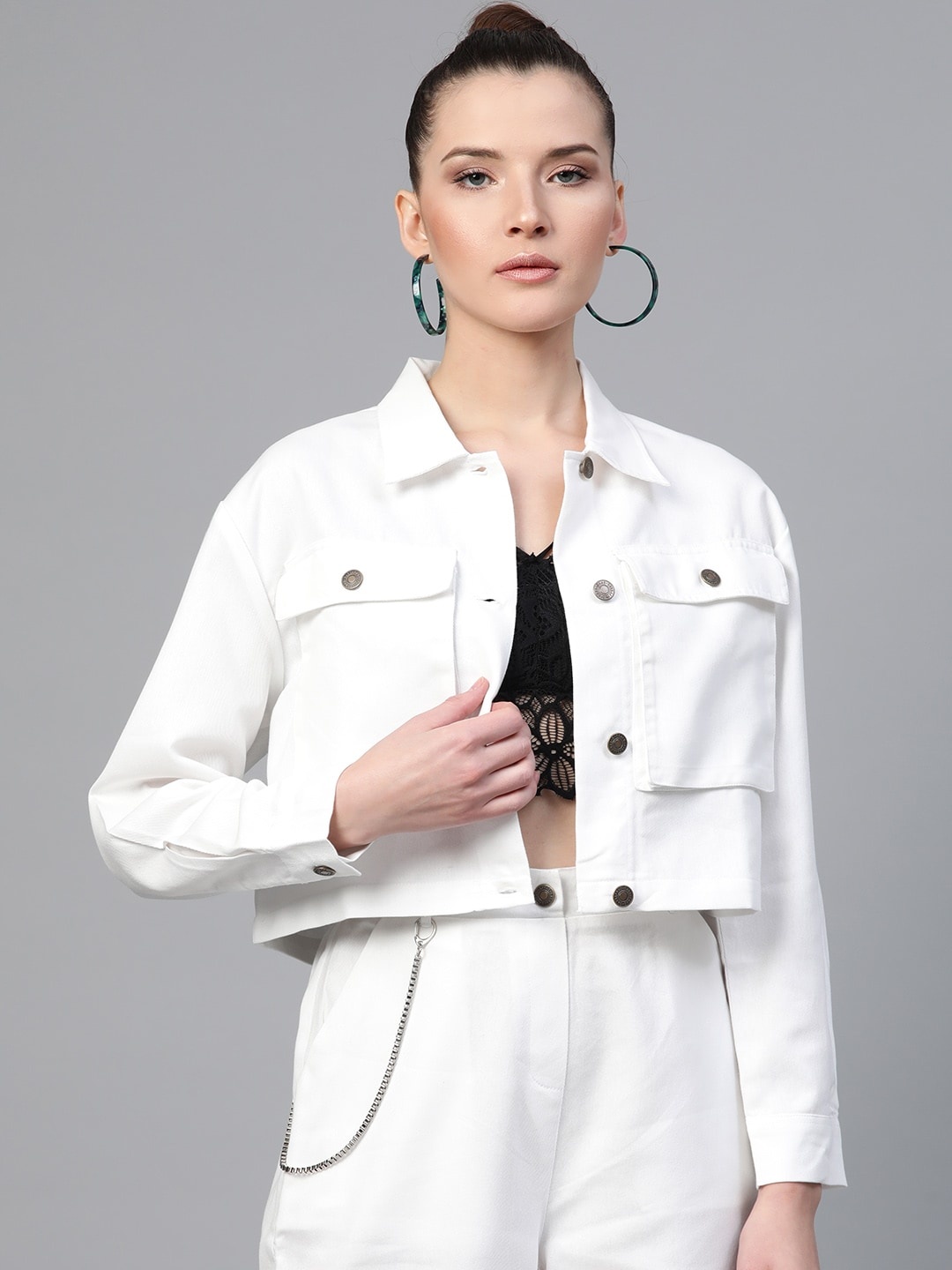 

SASSAFRAS Women White Solid Crop Denim Jacket