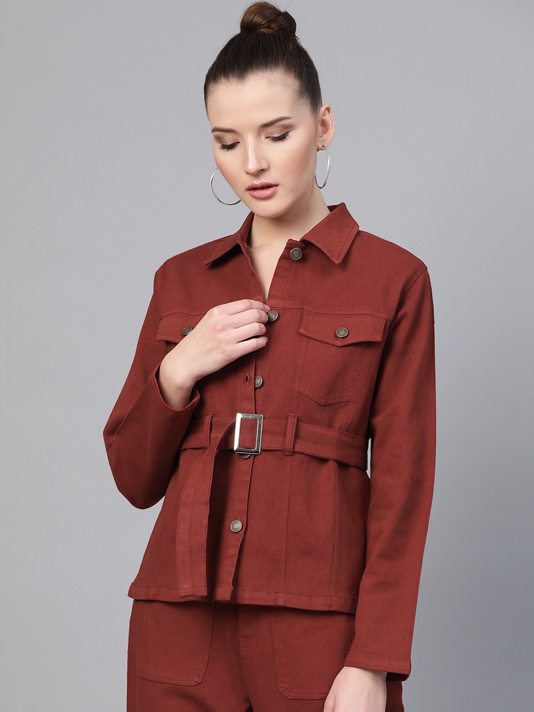 

SASSAFRAS Women Rust Red Solid Denim Jacket