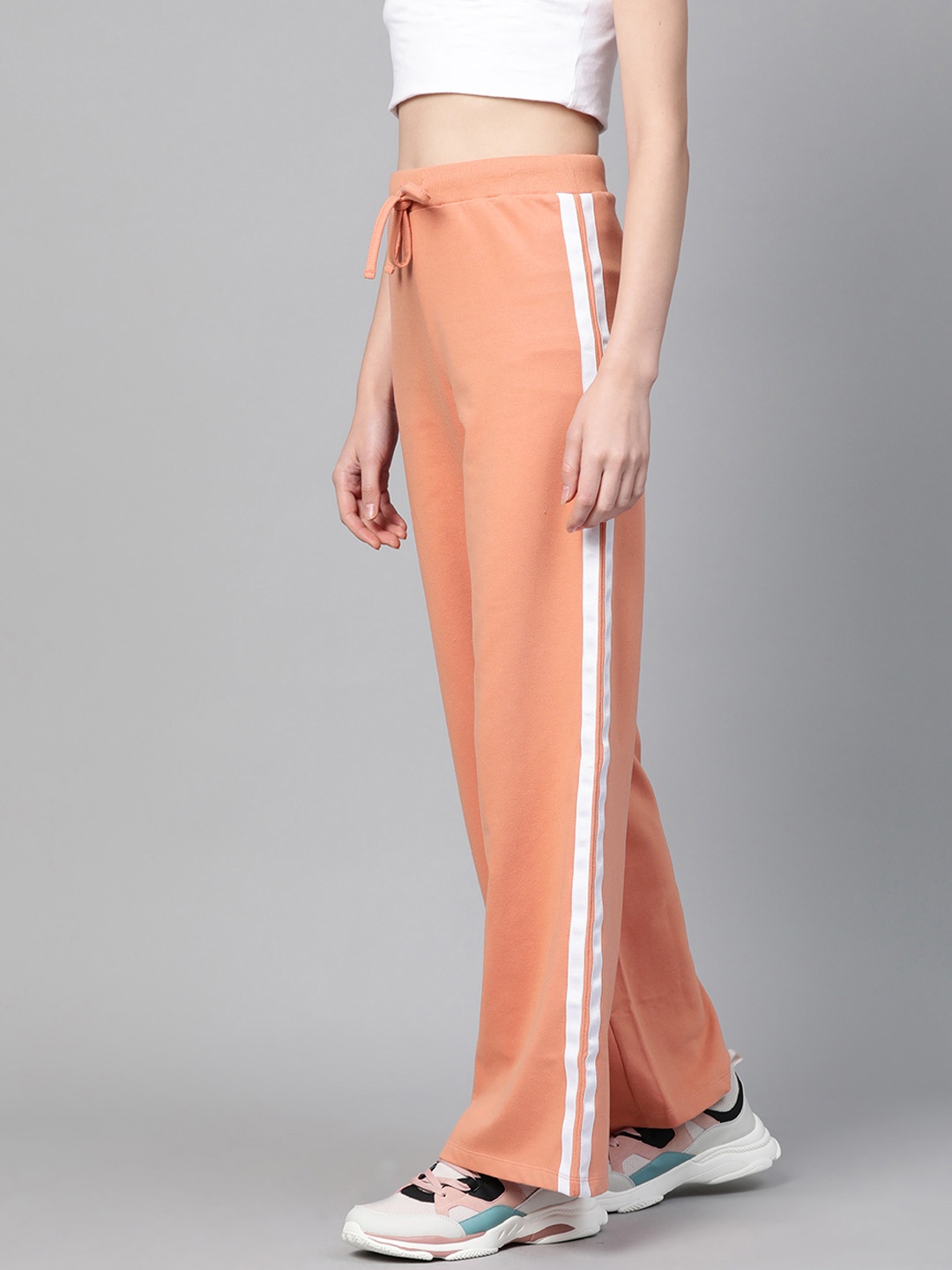 

SASSAFRAS Women Peach-Coloured Side-Striped Wide Leg Track Pants