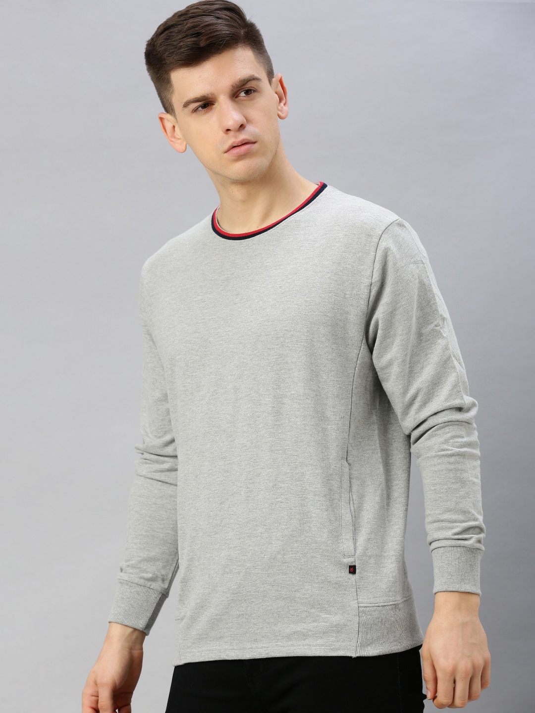 

WROGN Men Grey Melange Slim Fit Solid Sweatshirt
