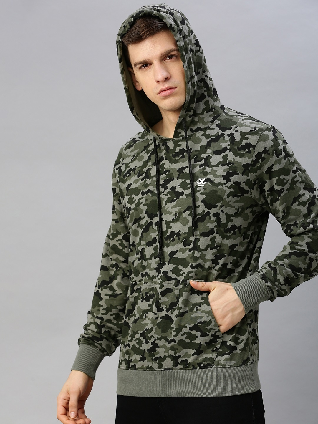 

WROGN Men Olive Green & Black Slim Fit Camouflage Printed Hooded Sweatshirt