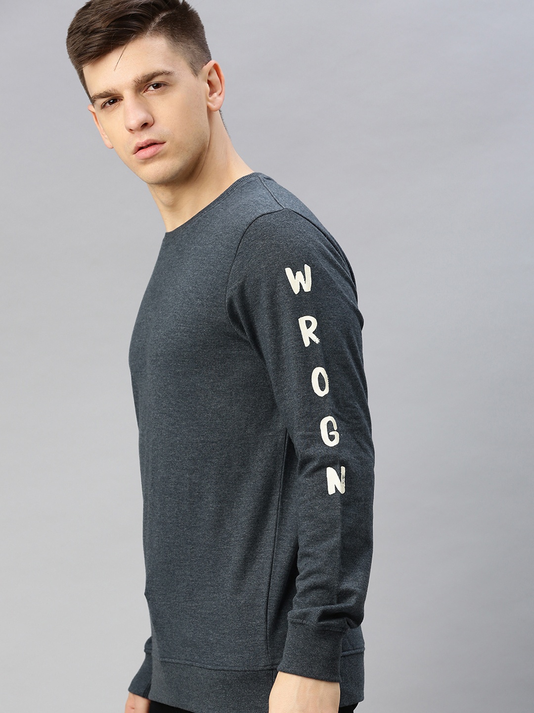 

WROGN Men Navy Blue Solid Slim Fit Sweatshirt with Print Detail