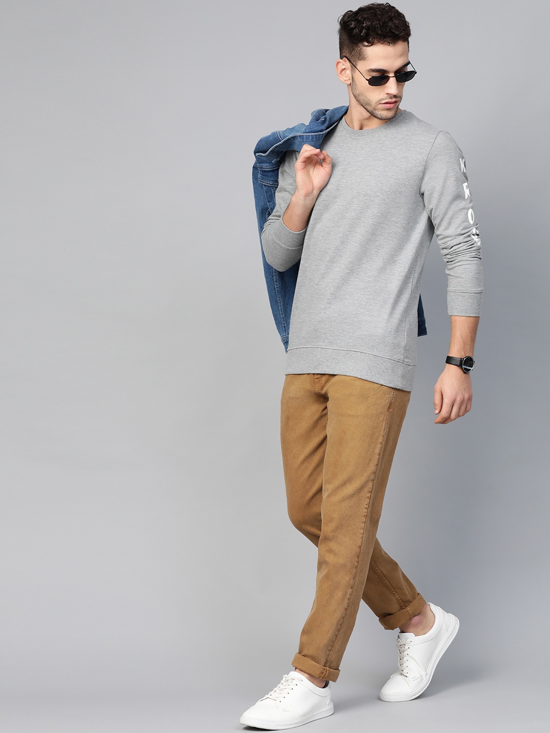 

WROGN Men Grey Melange Slim Fit Solid Sweatshirt