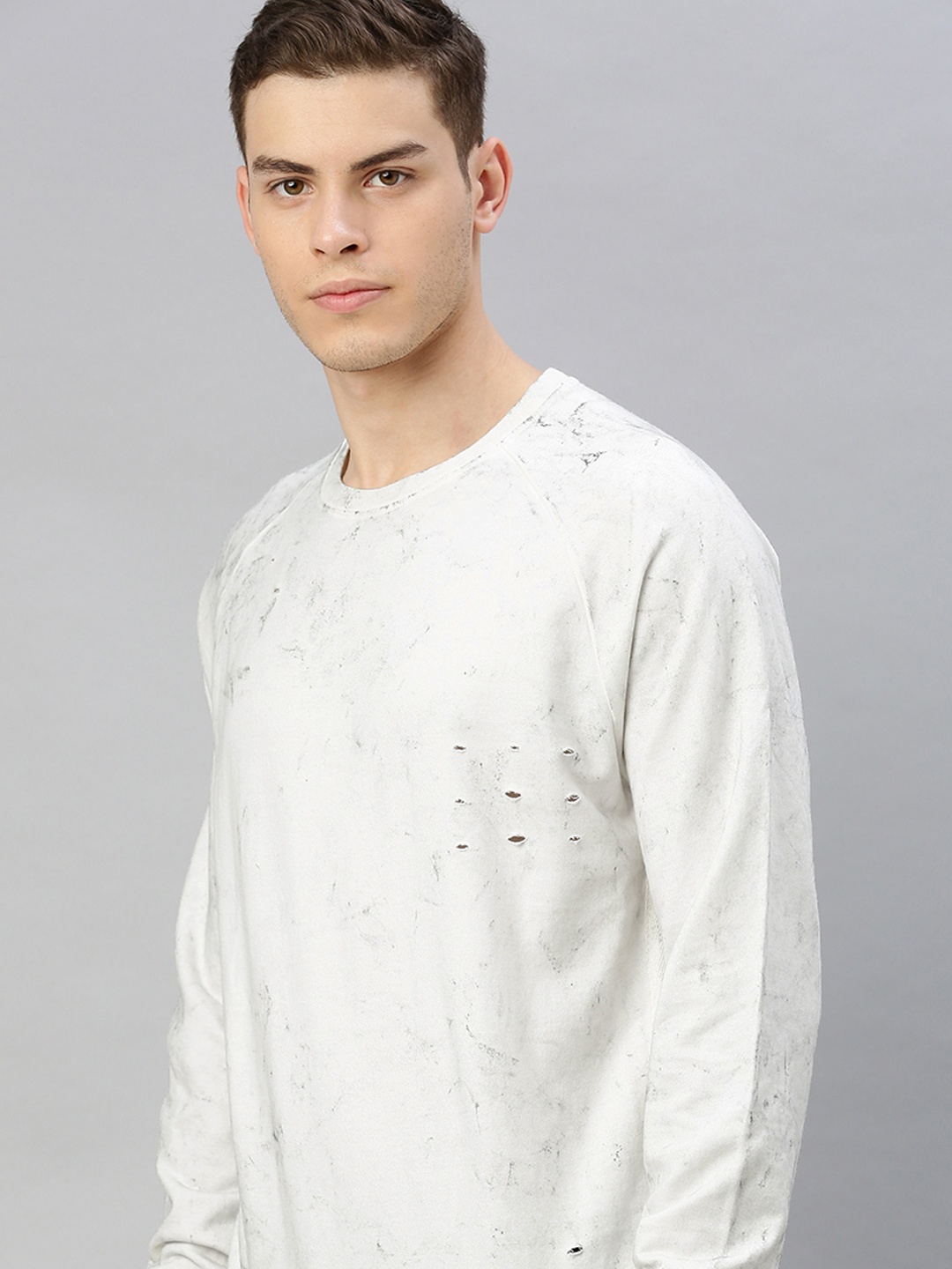 

WROGN Men White Slim Fit Solid Sweatshirt with Distressed & Acid Wash Detailing