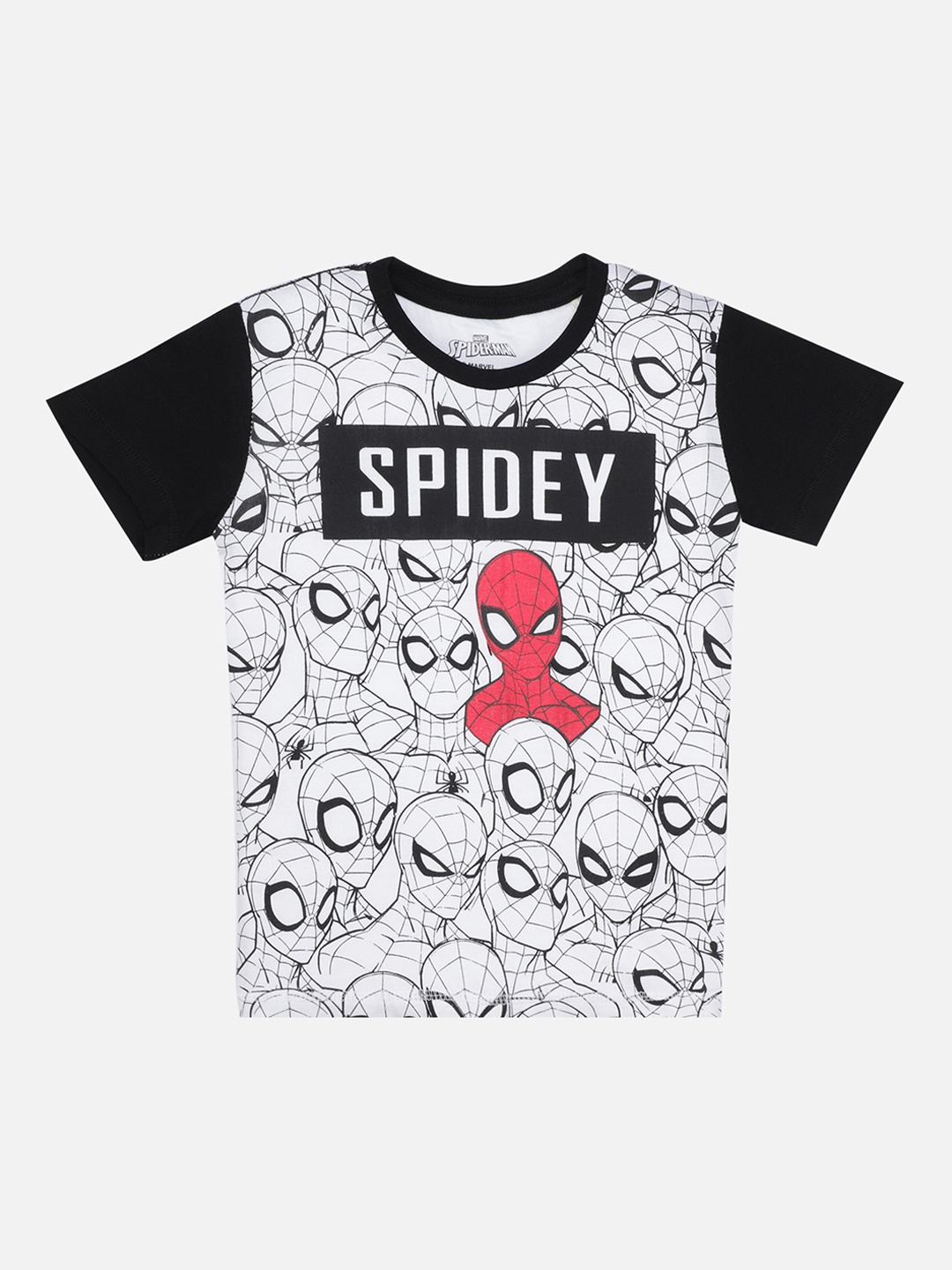 

Kids Ville Boys White Black Spiderman Printed Round Neck Pure Cotton T-shirt