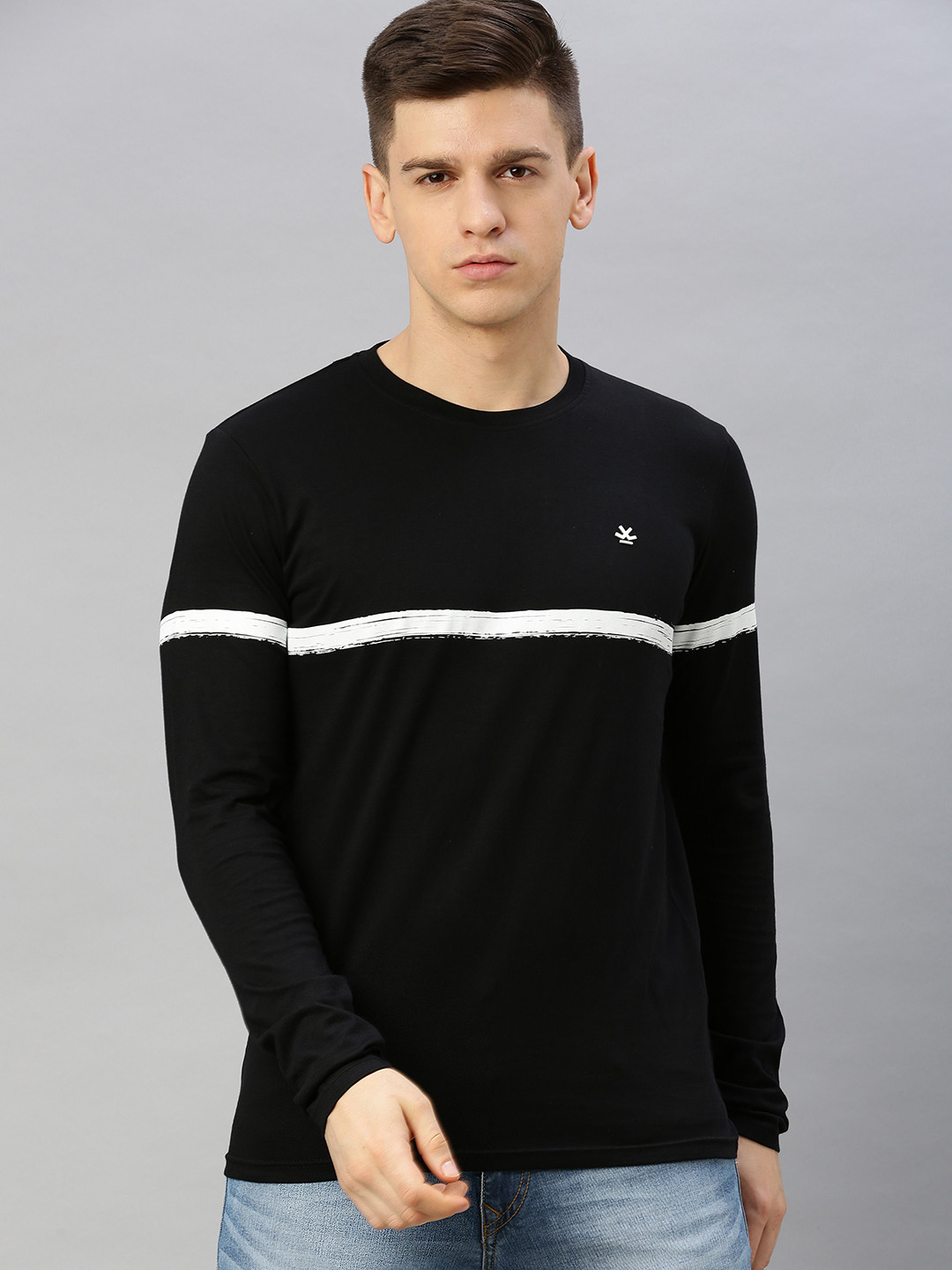 

WROGN Men Black White Slim Fit Striped Round Neck Pure Cotton T-shirt